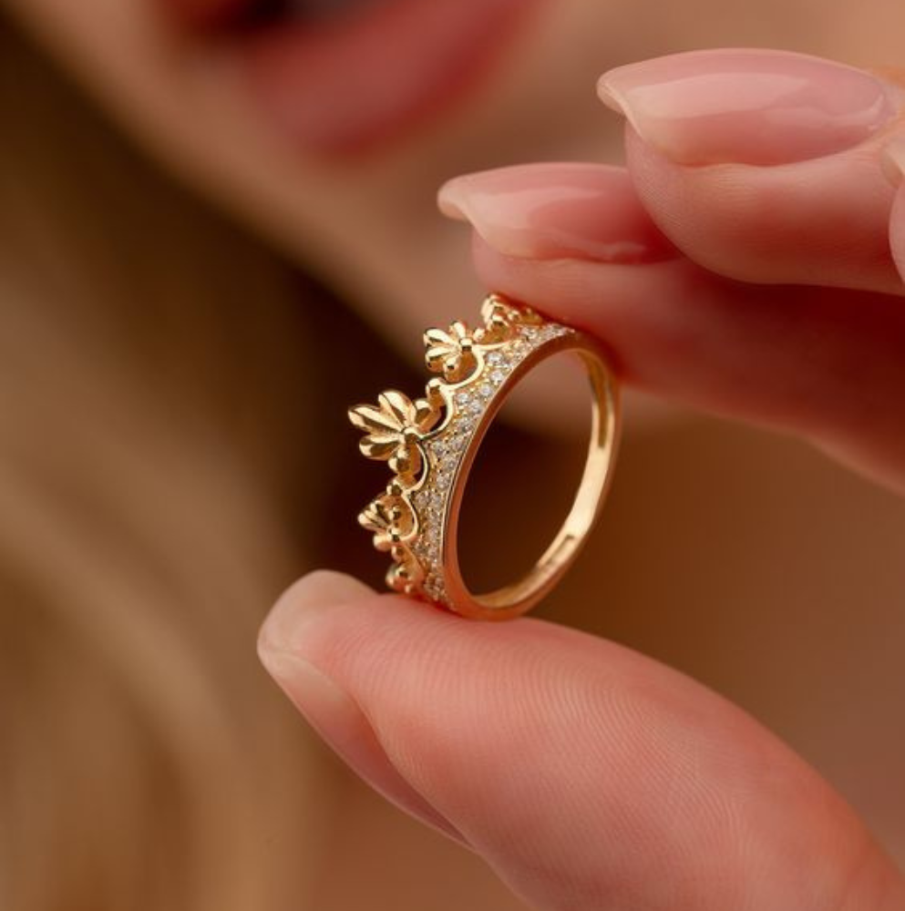 Dainty 14K Solid Gold Flower Crown Ring, CZ Princess Crown Ring, Queen Ring